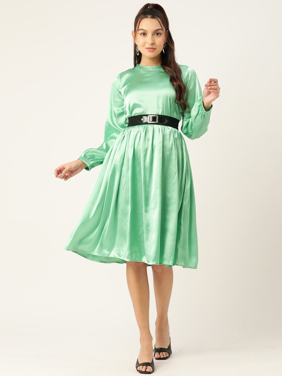 Women Green-Coloured Satin Dress with Belt - JND_1004Green_XS