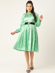 Women Green-Coloured Satin Dress with Belt - JND_1004Green_XS