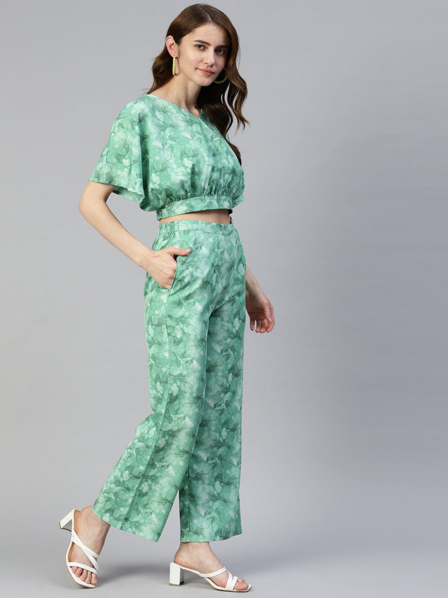 Women Green Printed Crop Top With Palazzos - JNCS_3006Green_XS