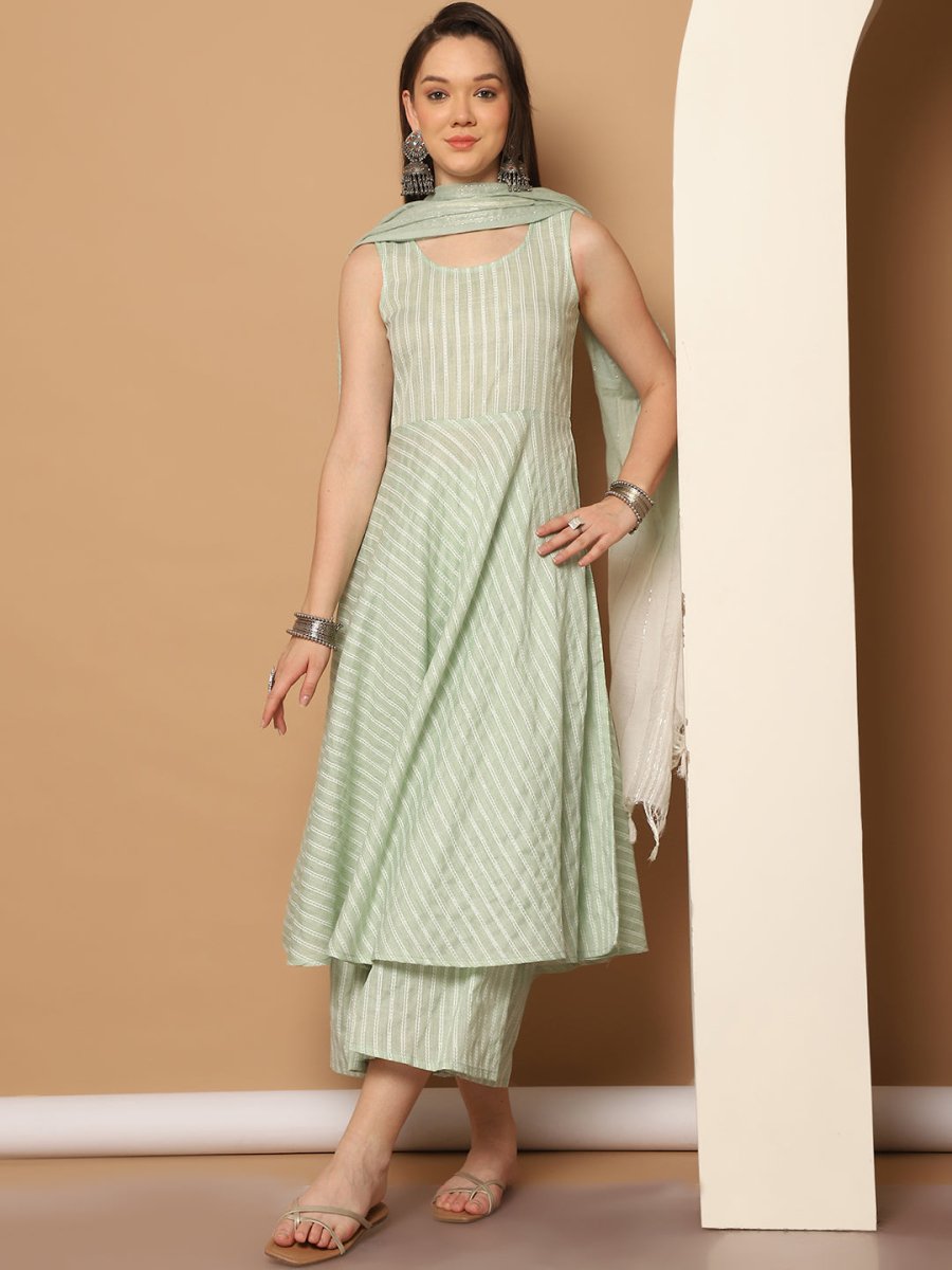 Women Green Woven Design Flared Kurta with Palazzos & With Dupatta - JOKPL_D59G_1553_Green_S