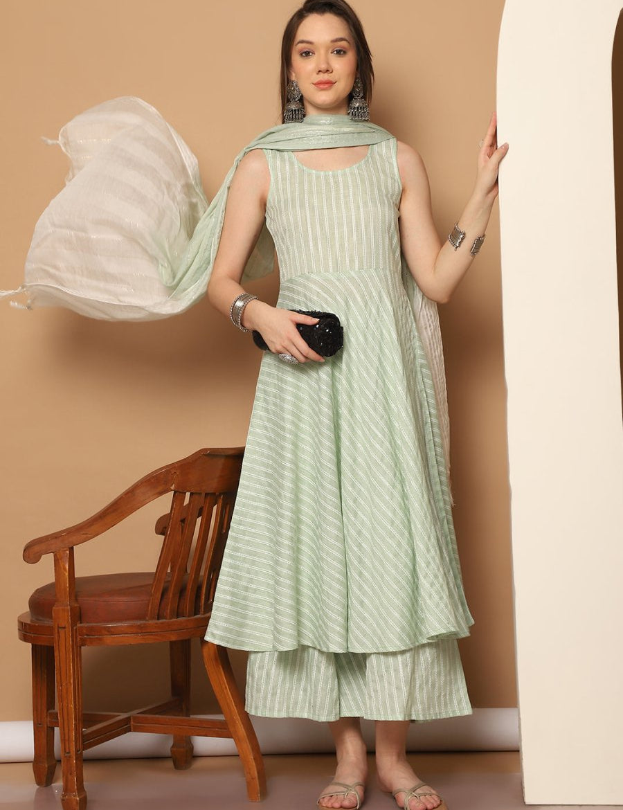 Women Green Woven Design Flared Kurta with Palazzos & With Dupatta - JOKPL_D59G_1553_Green_S