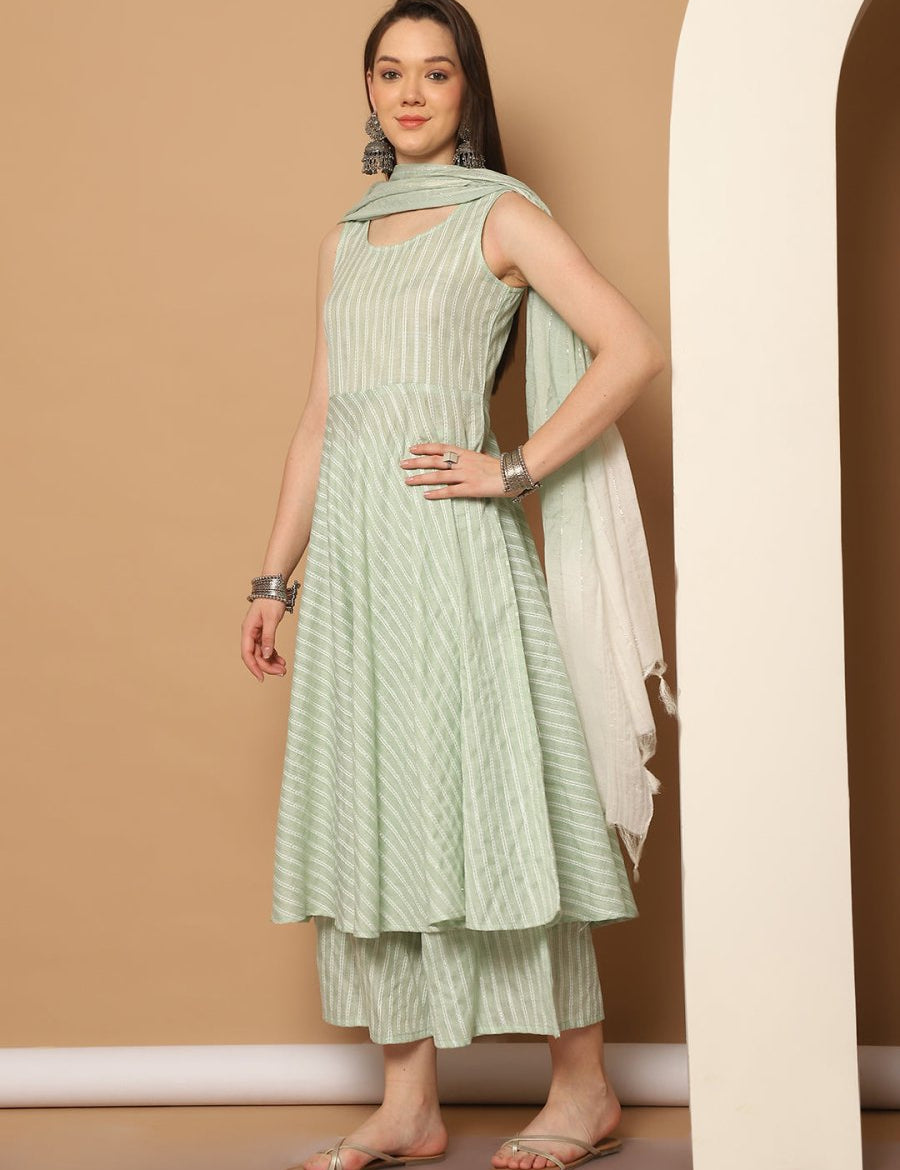 Women Green Woven Design Flared Kurta with Palazzos & With Dupatta - JOKPL_D59G_1553_Green_S
