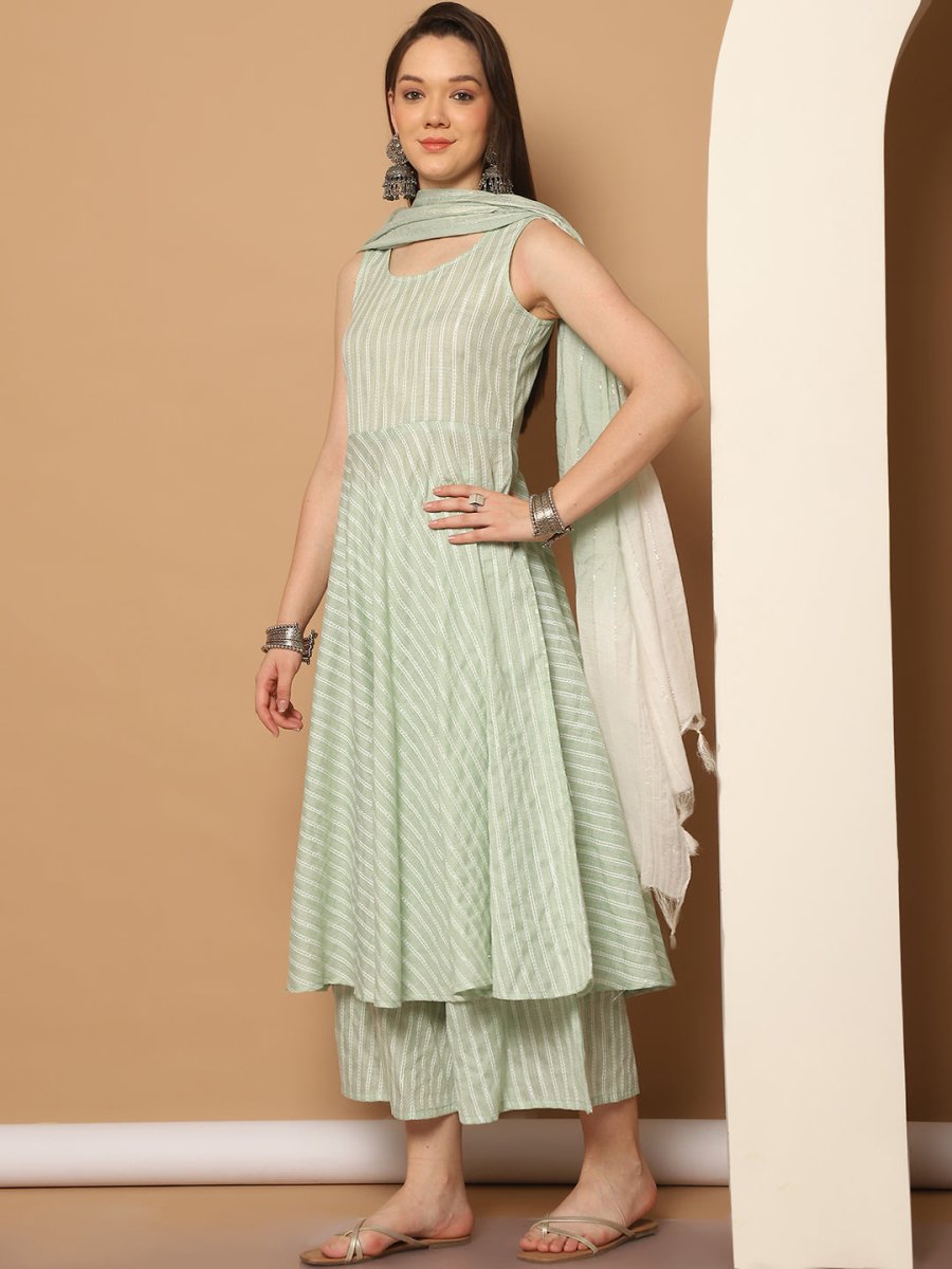 Women Green Woven Design Flared Kurta with Palazzos & With Dupatta - JOKPL_D59G_1553_Green_S
