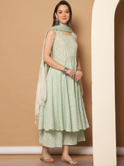 Women Green Woven Design Flared Kurta with Palazzos & With Dupatta - JOKPL_D59G_1553_Green_S