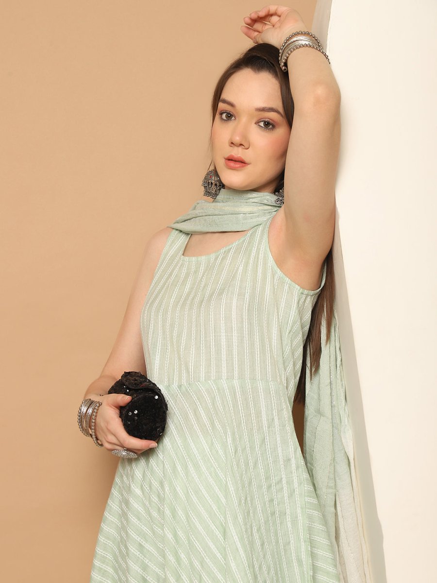 Women Green Woven Design Flared Kurta with Palazzos & With Dupatta - JOKPL_D59G_1553_Green_S