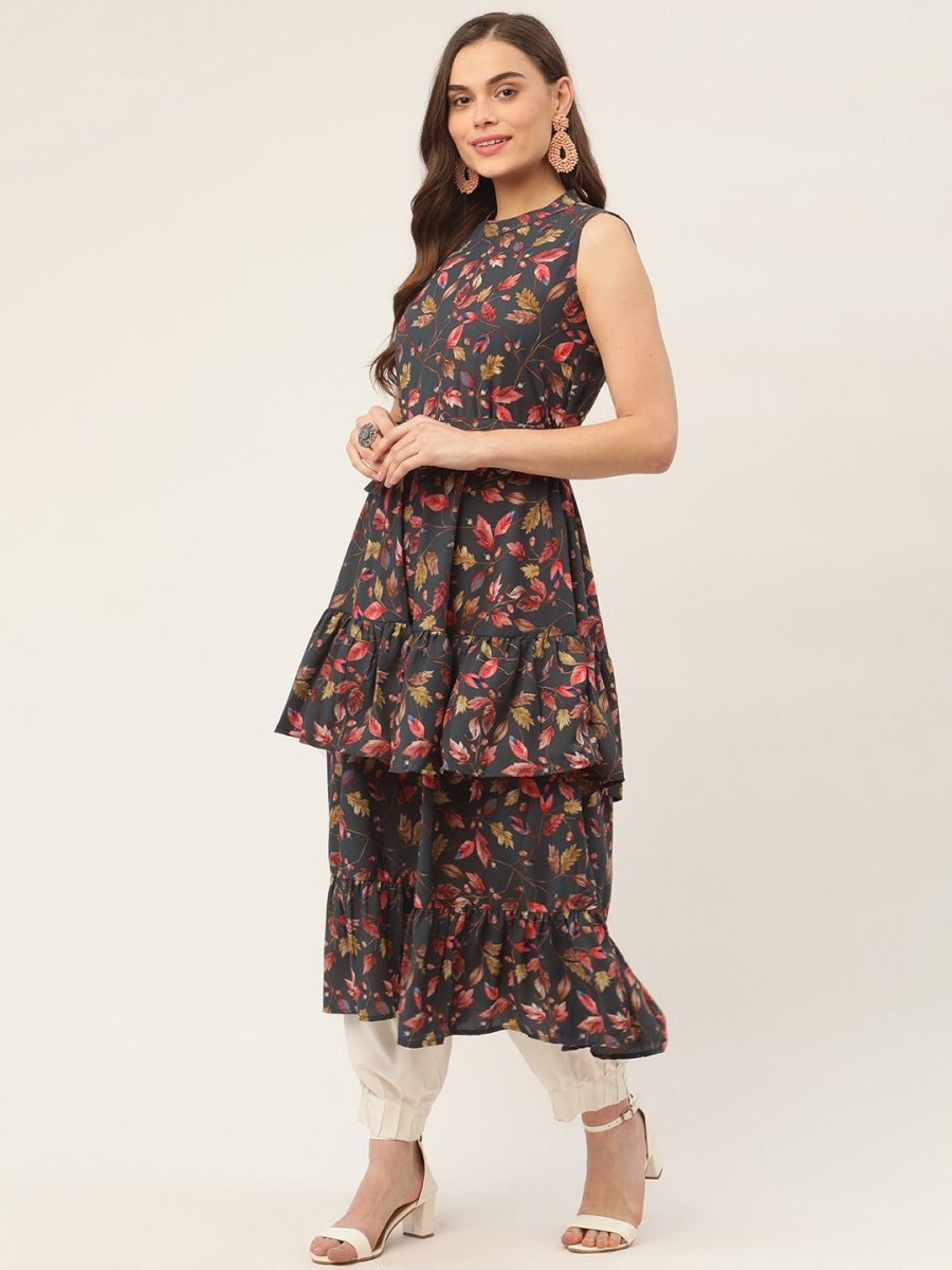 Women Grey Flared Printed kurta - JOK_1417_Grey_S