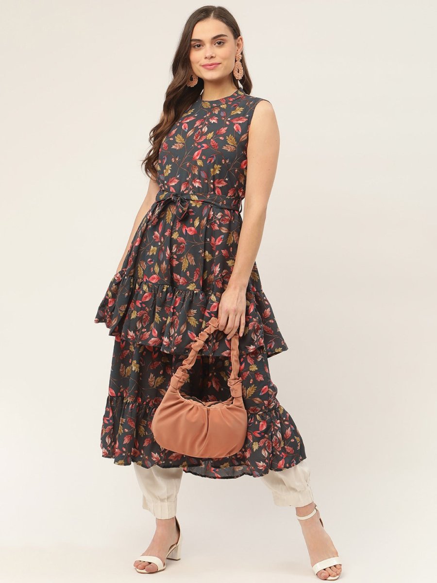 Women Grey Flared Printed kurta - JOK_1417_Grey_S