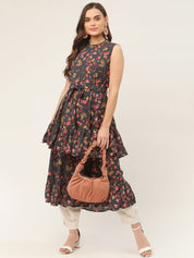 Women Grey Flared Printed kurta - JOK_1417_Grey_S