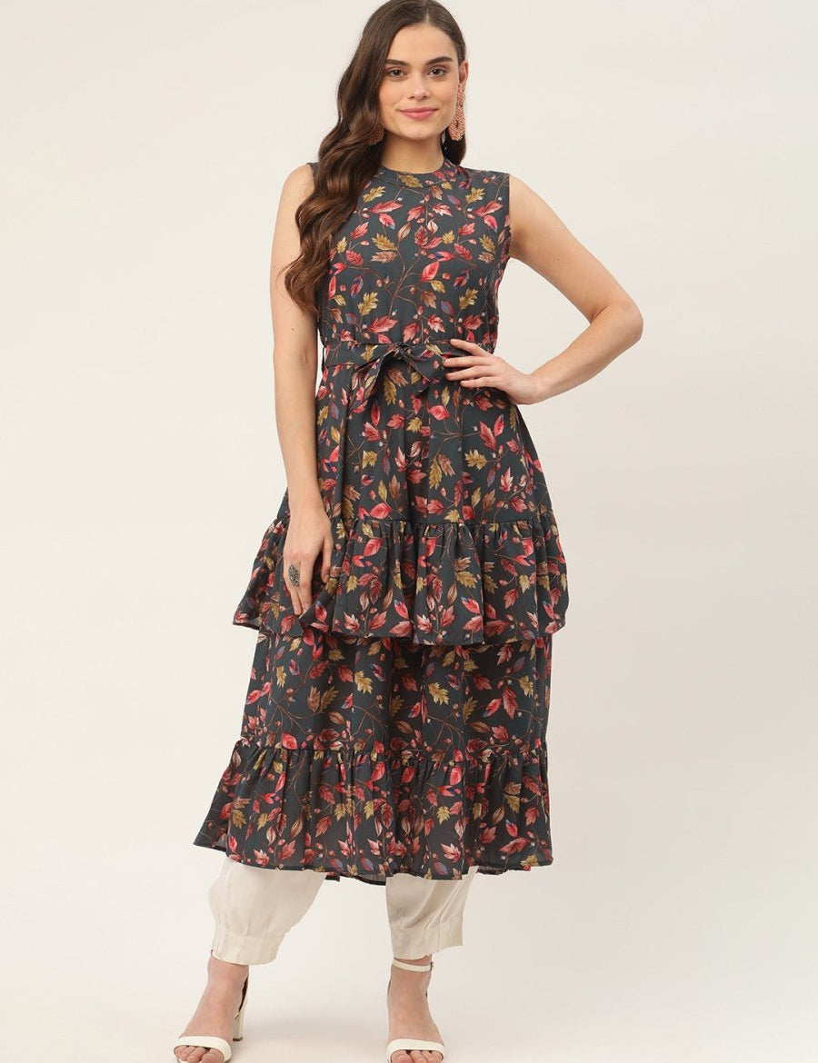 Women Grey Flared Printed kurta - JOK_1417_Grey_S