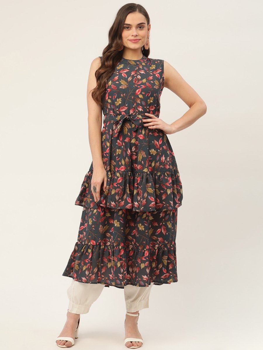 Women Grey Flared Printed kurta - JOK_1417_Grey_S