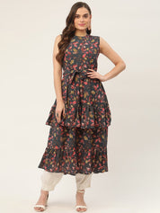 Women Grey Flared Printed kurta - JOK_1417_Grey_S