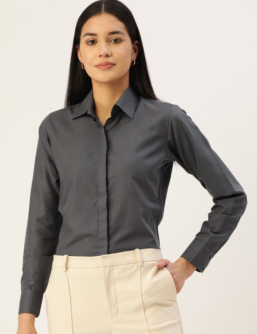 Women Grey Solid Shirt Style Top - JNS_2007Grey_XS