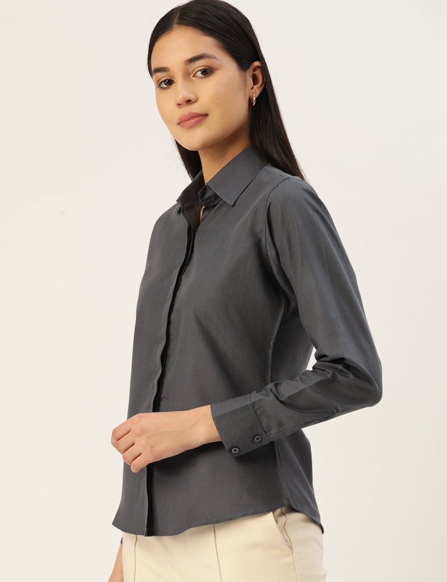 Women Grey Solid Shirt Style Top - JNS_2007Grey_XS