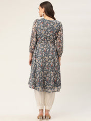 Women Grey & White Georgette Floral Printed Kurta - JOK_1428_Grey_S