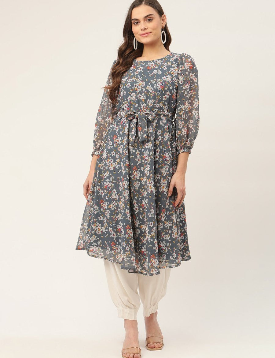 Women Grey & White Georgette Floral Printed Kurta - JOK_1428_Grey_S