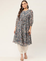 Women Grey & White Georgette Floral Printed Kurta - JOK_1428_Grey_S