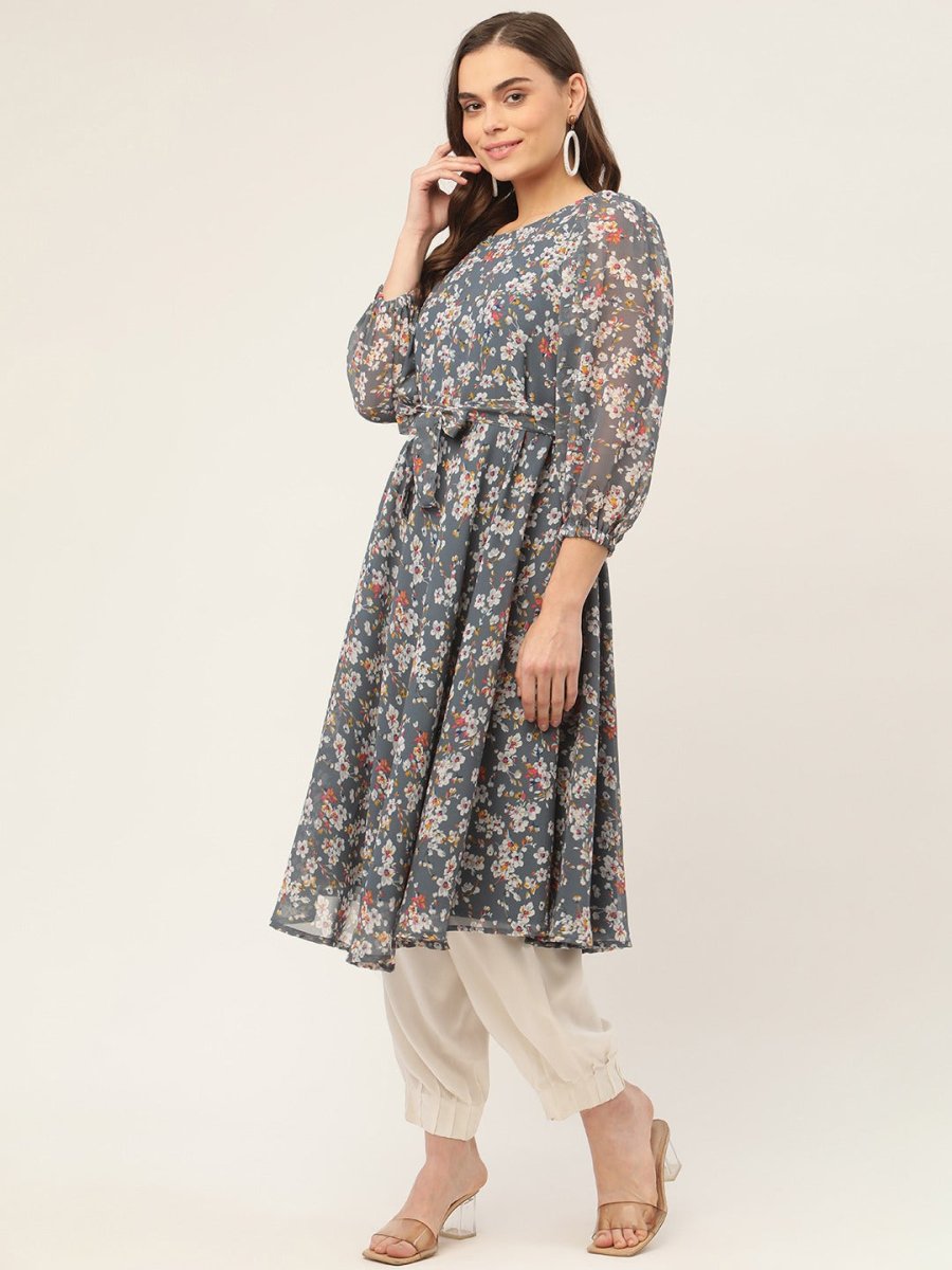 Women Grey & White Georgette Floral Printed Kurta - JOK_1428_Grey_S