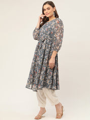 Women Grey & White Georgette Floral Printed Kurta - JOK_1428_Grey_S