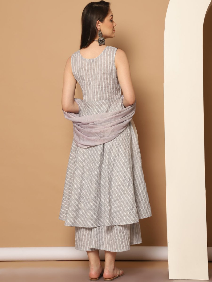Women Grey Woven Design Flared Kurta with Palazzos & With Dupatta - JOKPL_D59GR_1553_Grey_S