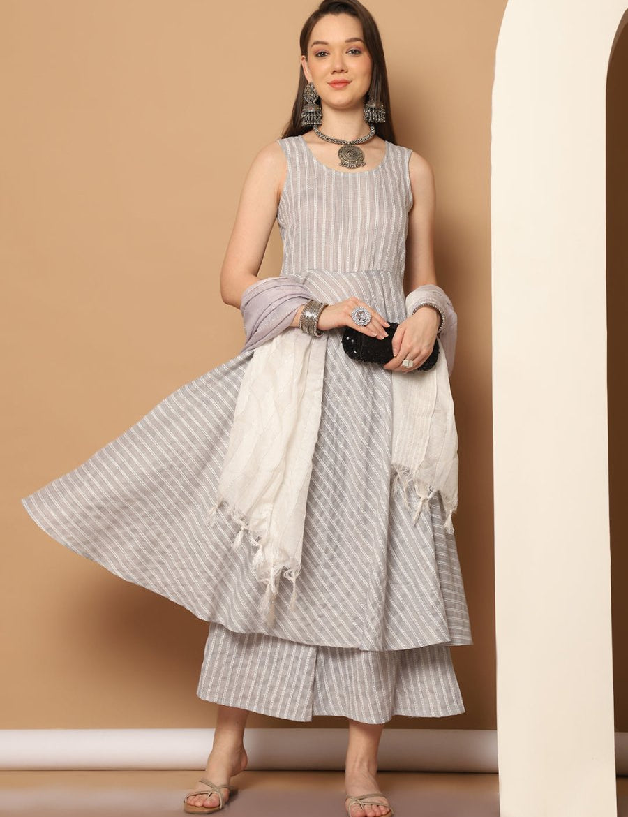 Women Grey Woven Design Flared Kurta with Palazzos & With Dupatta - JOKPL_D59GR_1553_Grey_S
