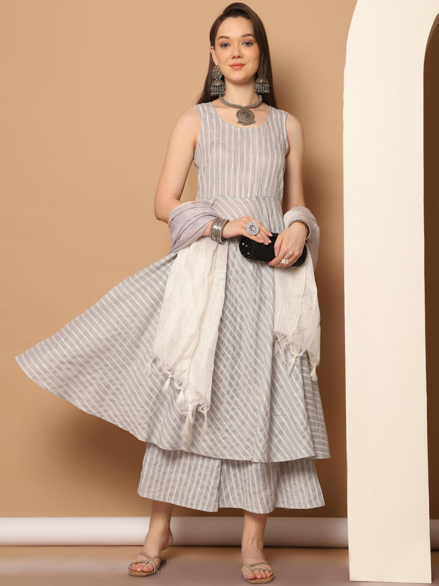 Women Grey Woven Design Flared Kurta with Palazzos & With Dupatta - JOKPL_D59GR_1553_Grey_S