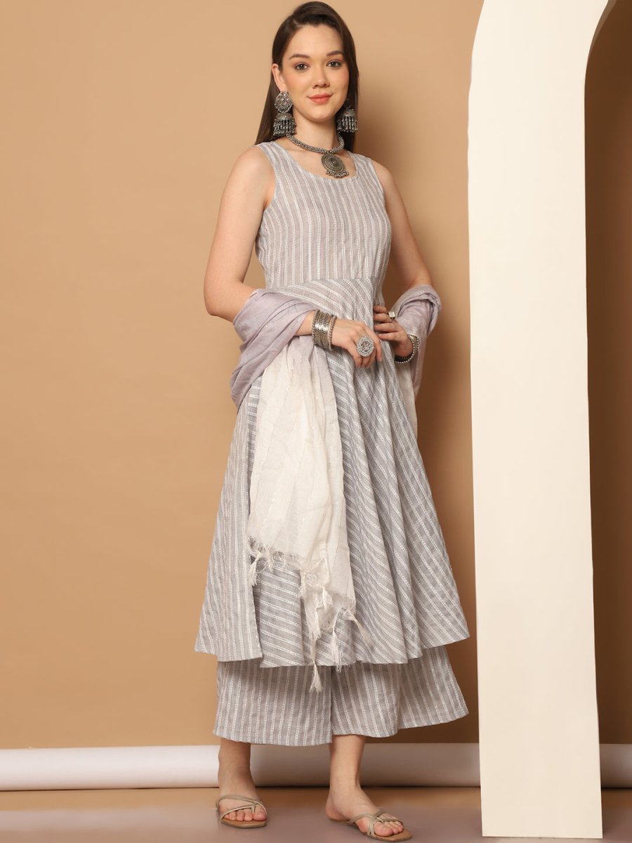 Women Grey Woven Design Flared Kurta with Palazzos & With Dupatta - JOKPL_D59GR_1553_Grey_S