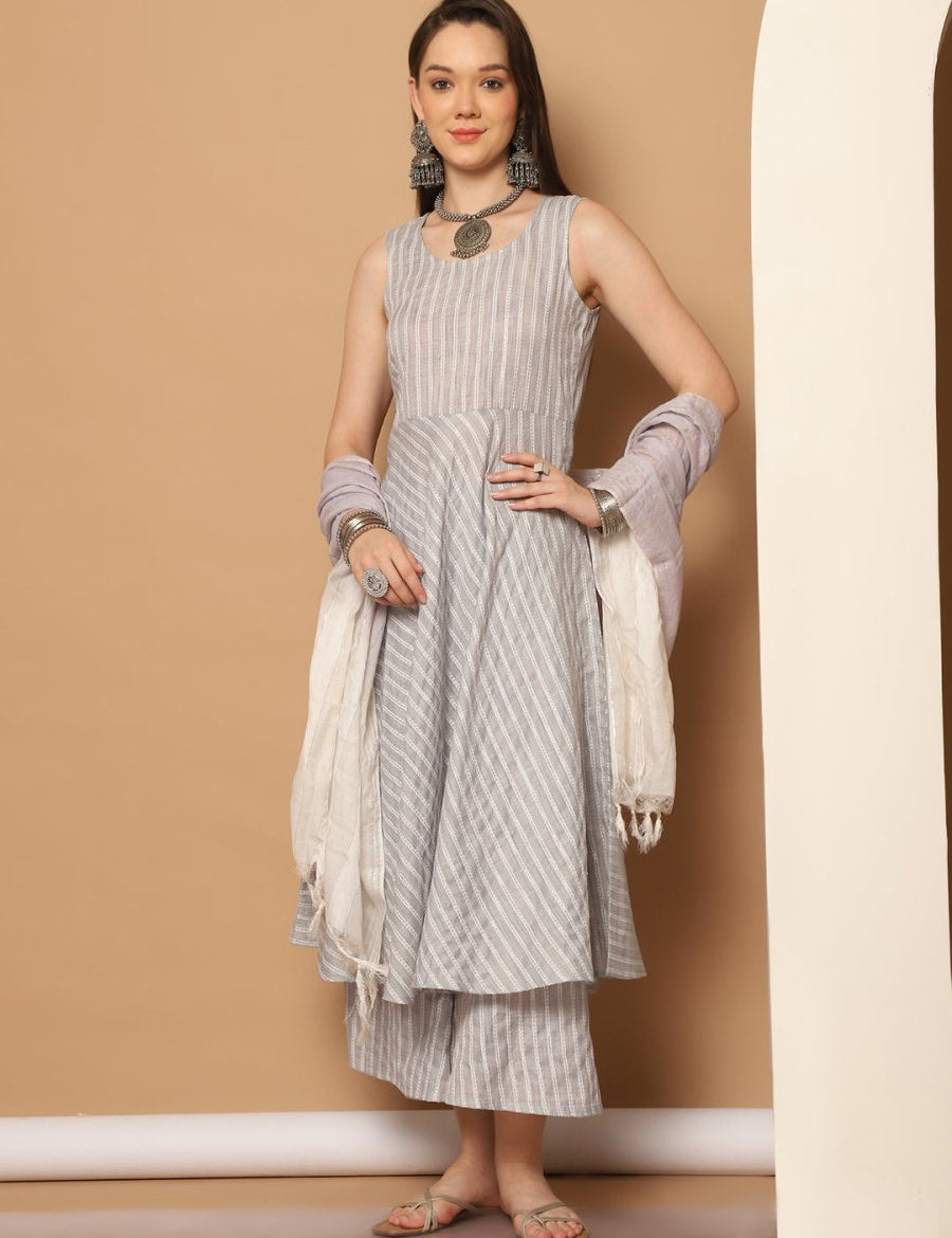 Women Grey Woven Design Flared Kurta with Palazzos & With Dupatta - JOKPL_D59GR_1553_Grey_S