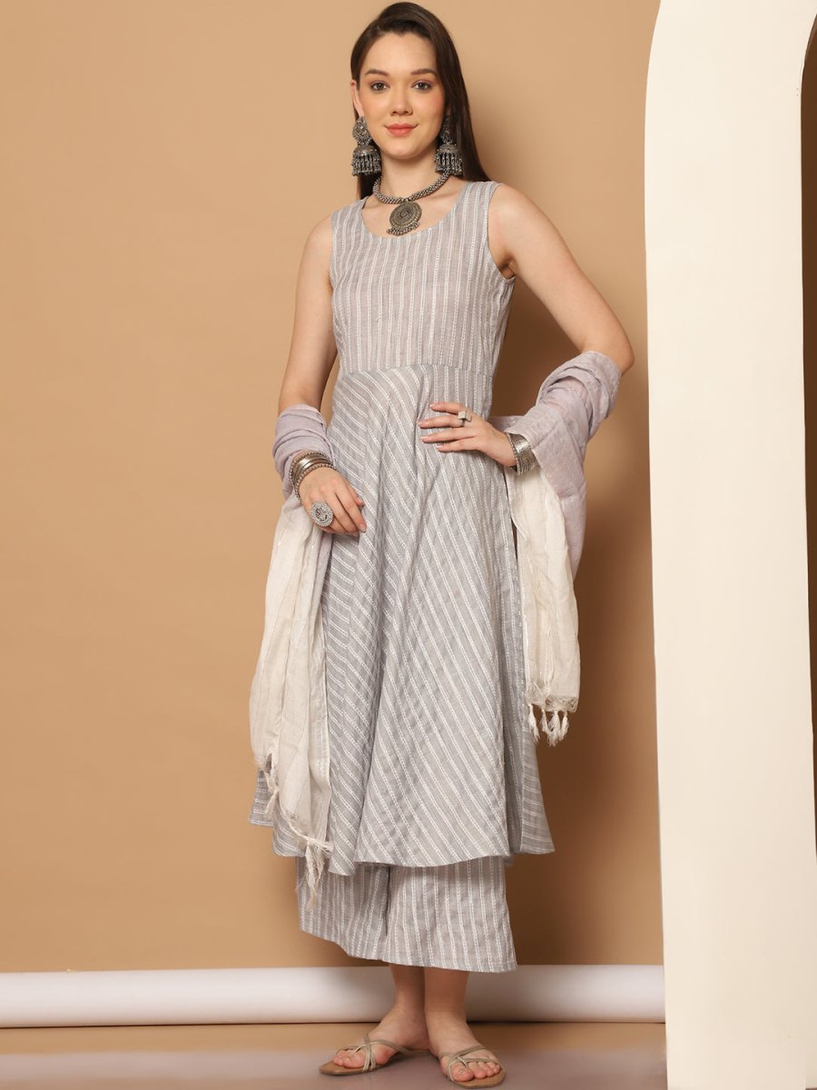 Women Grey Woven Design Flared Kurta with Palazzos & With Dupatta - JOKPL_D59GR_1553_Grey_S