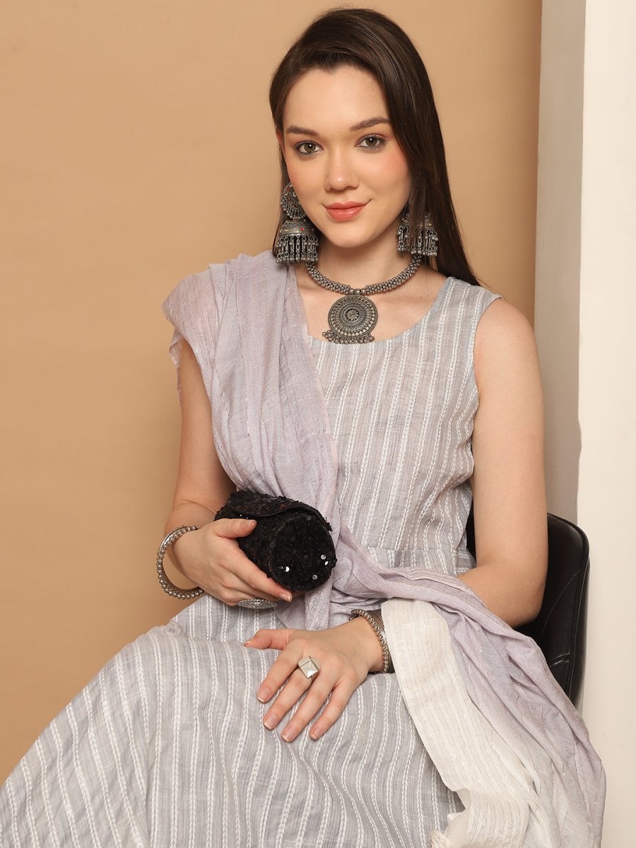 Women Grey Woven Design Flared Kurta with Palazzos & With Dupatta - JOKPL_D59GR_1553_Grey_S