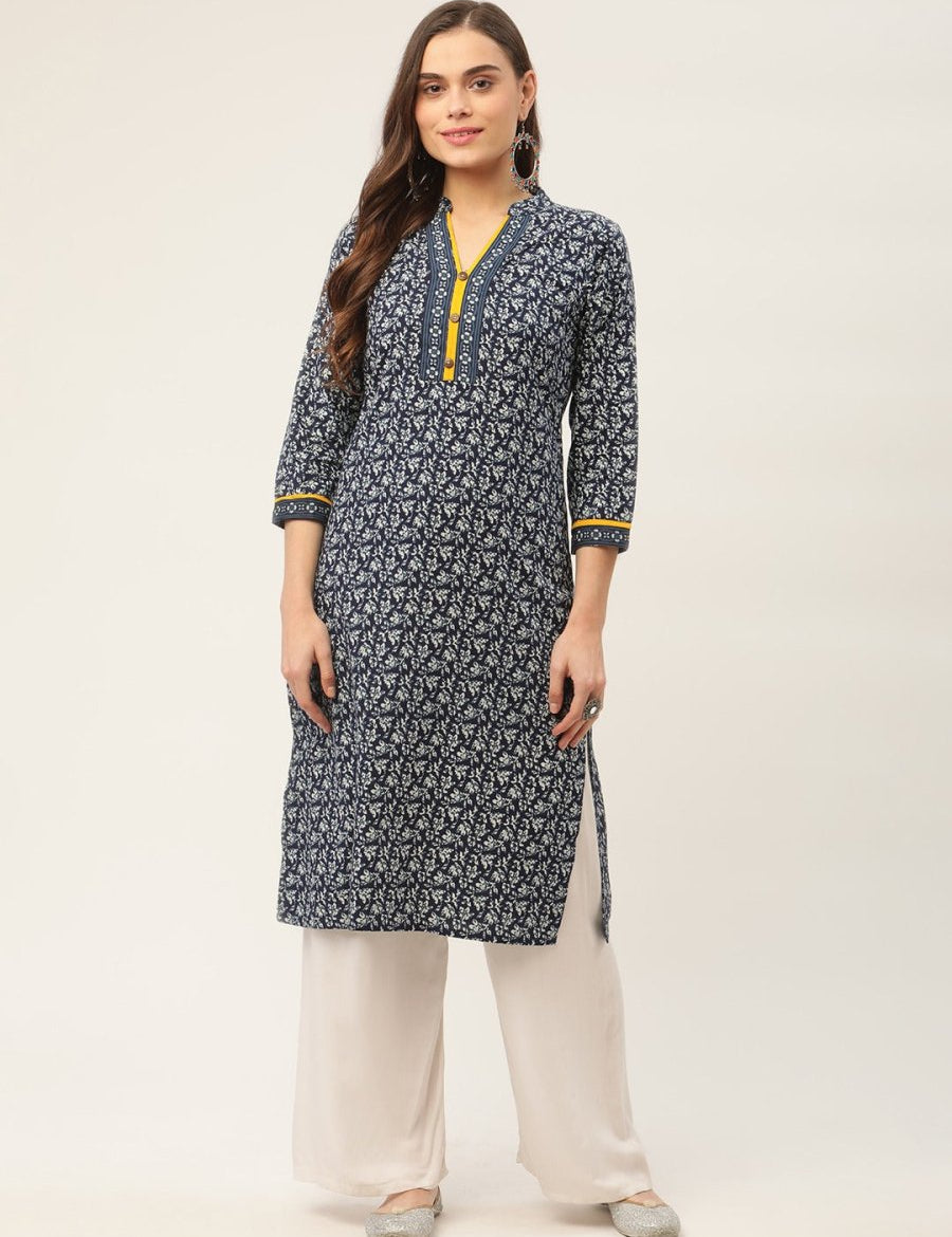 Women Indigo Blue Printed Straight Pure Cotton Kurta - JOK_1419_Indigo_S