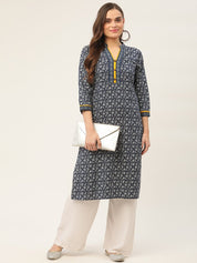 Women Indigo Blue Printed Straight Pure Cotton Kurta - JOK_1419_Indigo_S