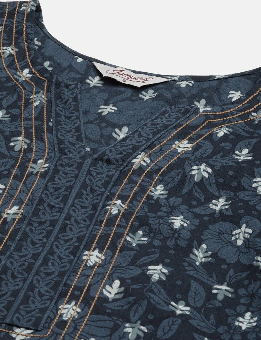 Women Indigo Blue Pure Cotton Floral Printed Kurtas - JOK_1434_Indigo_S