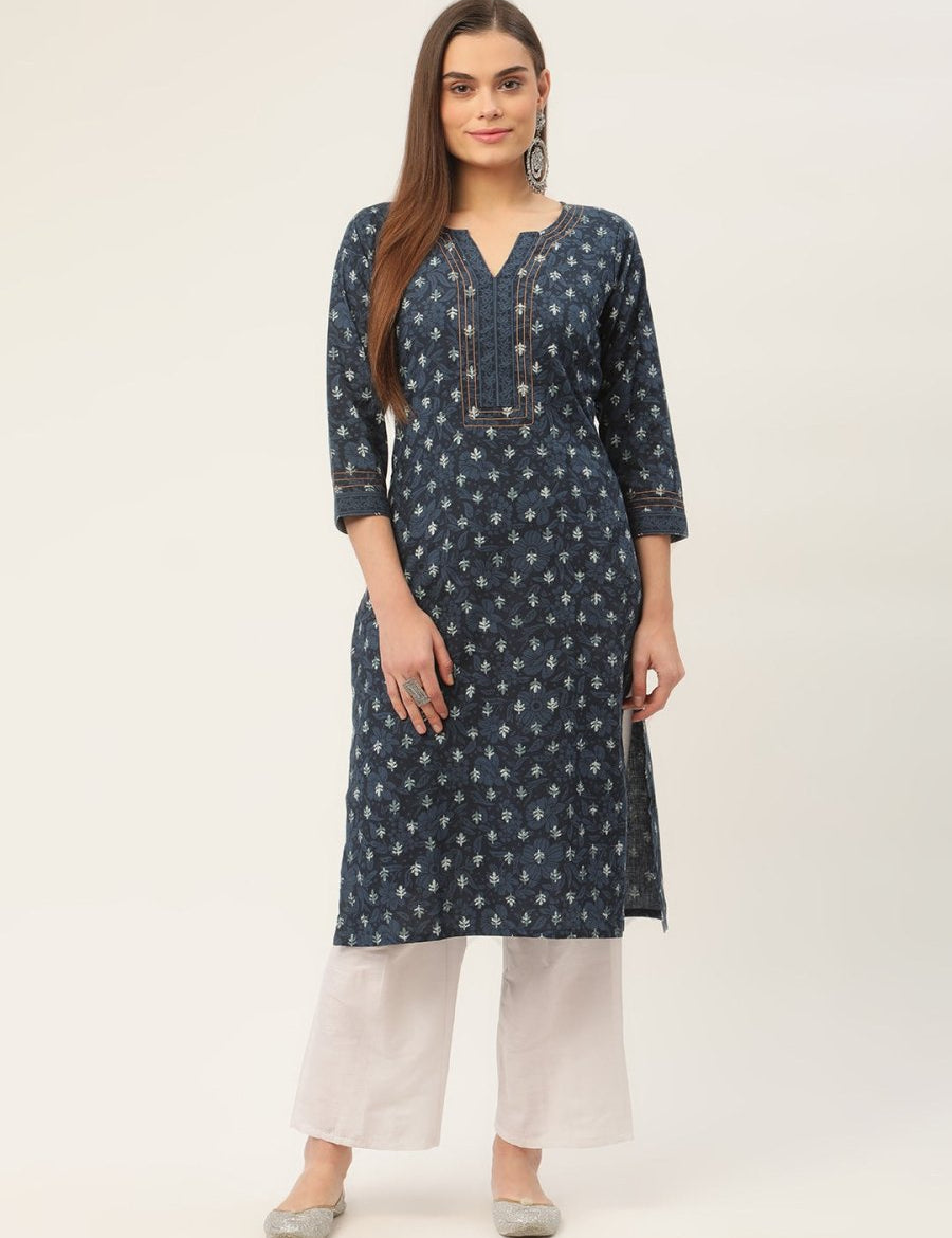 Women Indigo Blue Pure Cotton Floral Printed Kurtas - JOK_1434_Indigo_S