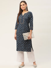 Women Indigo Blue Pure Cotton Floral Printed Kurtas - JOK_1434_Indigo_S