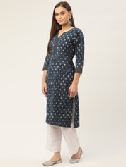 Women Indigo Blue Pure Cotton Floral Printed Kurtas - JOK_1434_Indigo_S