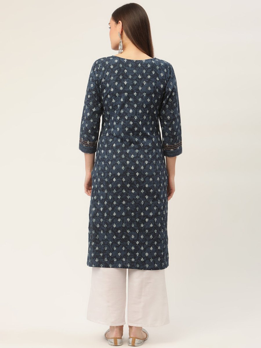 Women Indigo Blue Pure Cotton Floral Printed Kurtas - JOK_1434_Indigo_S