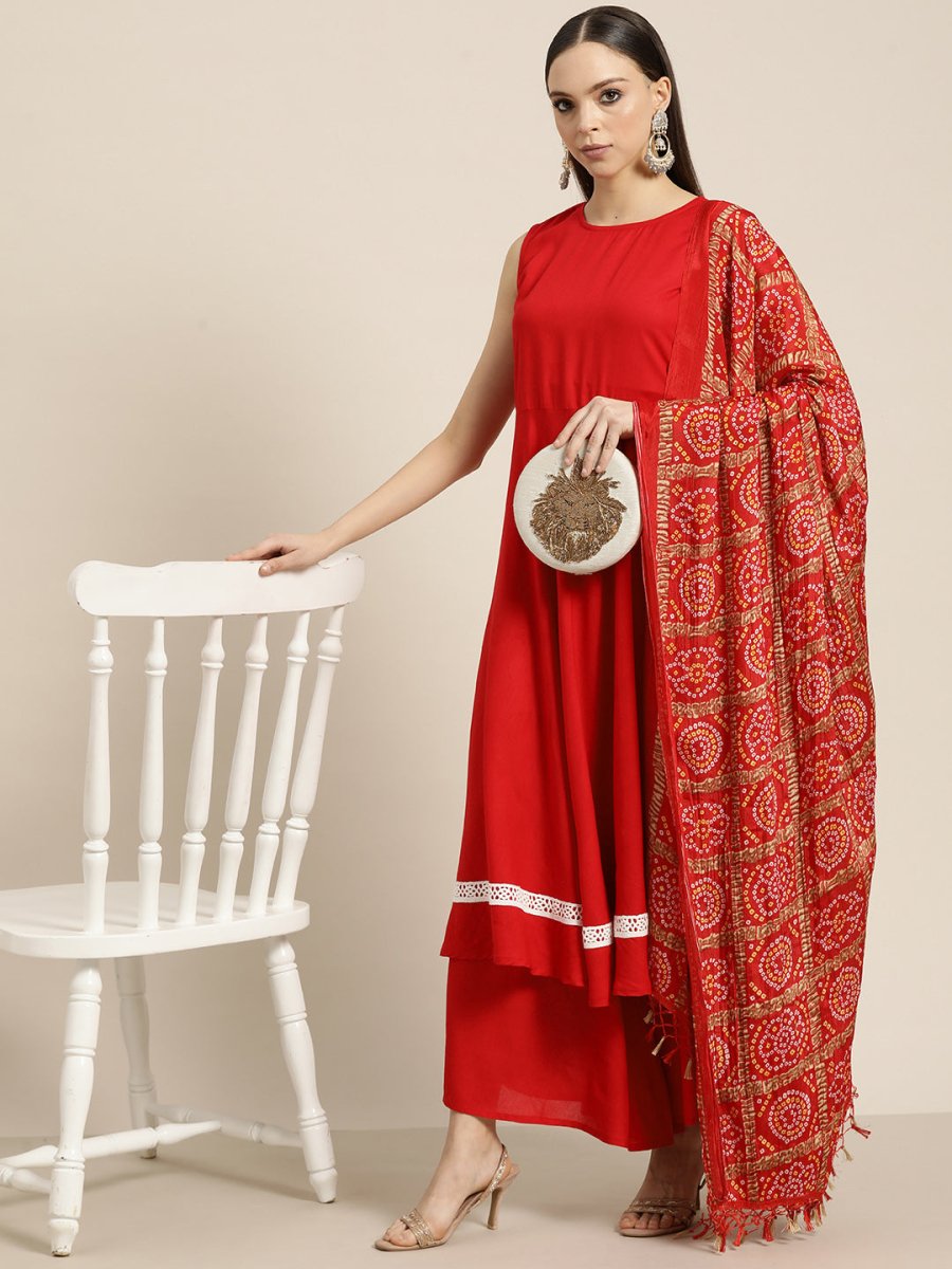Women Kurta with Palazzos & print Dupatta - JOKPL_D37R_1477_Red_S