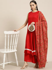 Women Kurta with Palazzos & print Dupatta - JOKPL_D37R_1477_Red_S