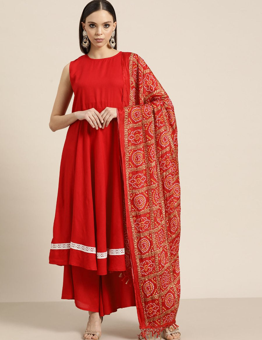 Women Kurta with Palazzos & print Dupatta - JOKPL_D37R_1477_Red_S