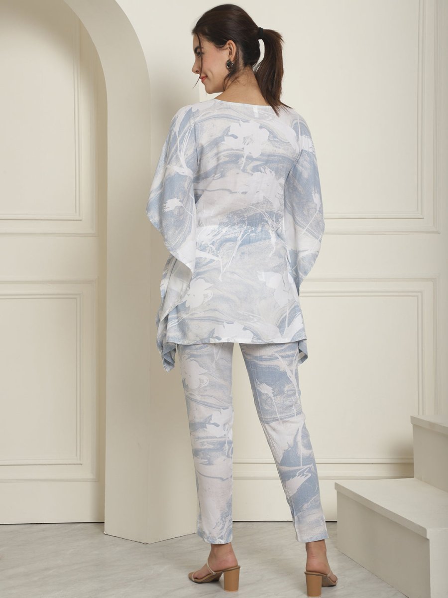 Women Light-Blue Tie Dye Printed Rayon Kaftan Tunic With Trousers - JNCS_3002Light-Blue_XS