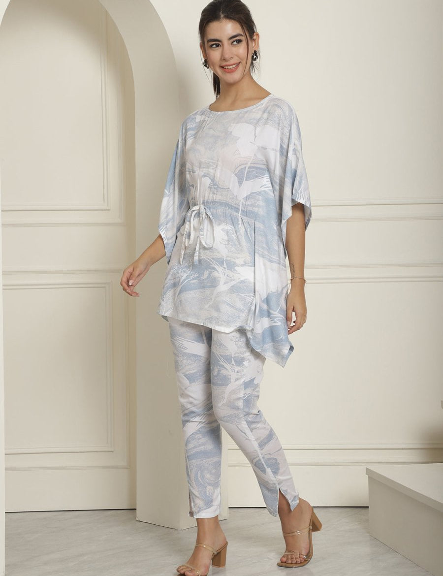 Women Light-Blue Tie Dye Printed Rayon Kaftan Tunic With Trousers - JNCS_3002Light-Blue_XS