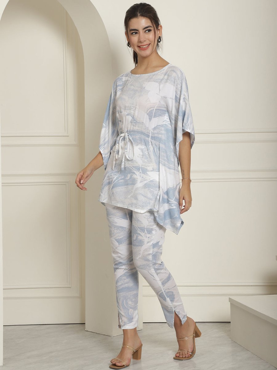 Women Light-Blue Tie Dye Printed Rayon Kaftan Tunic With Trousers - JNCS_3002Light-Blue_XS