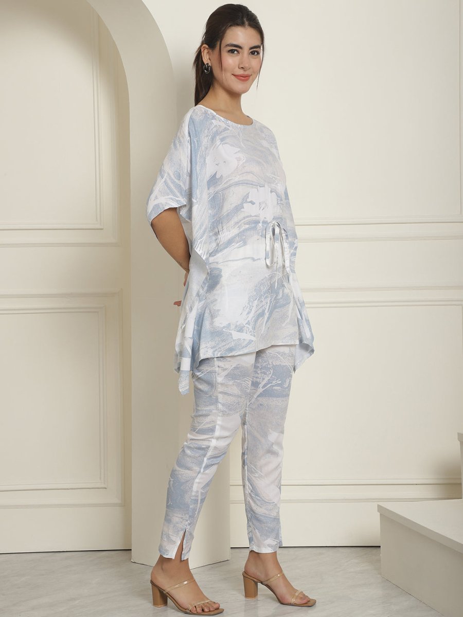Women Light-Blue Tie Dye Printed Rayon Kaftan Tunic With Trousers - JNCS_3002Light-Blue_XS