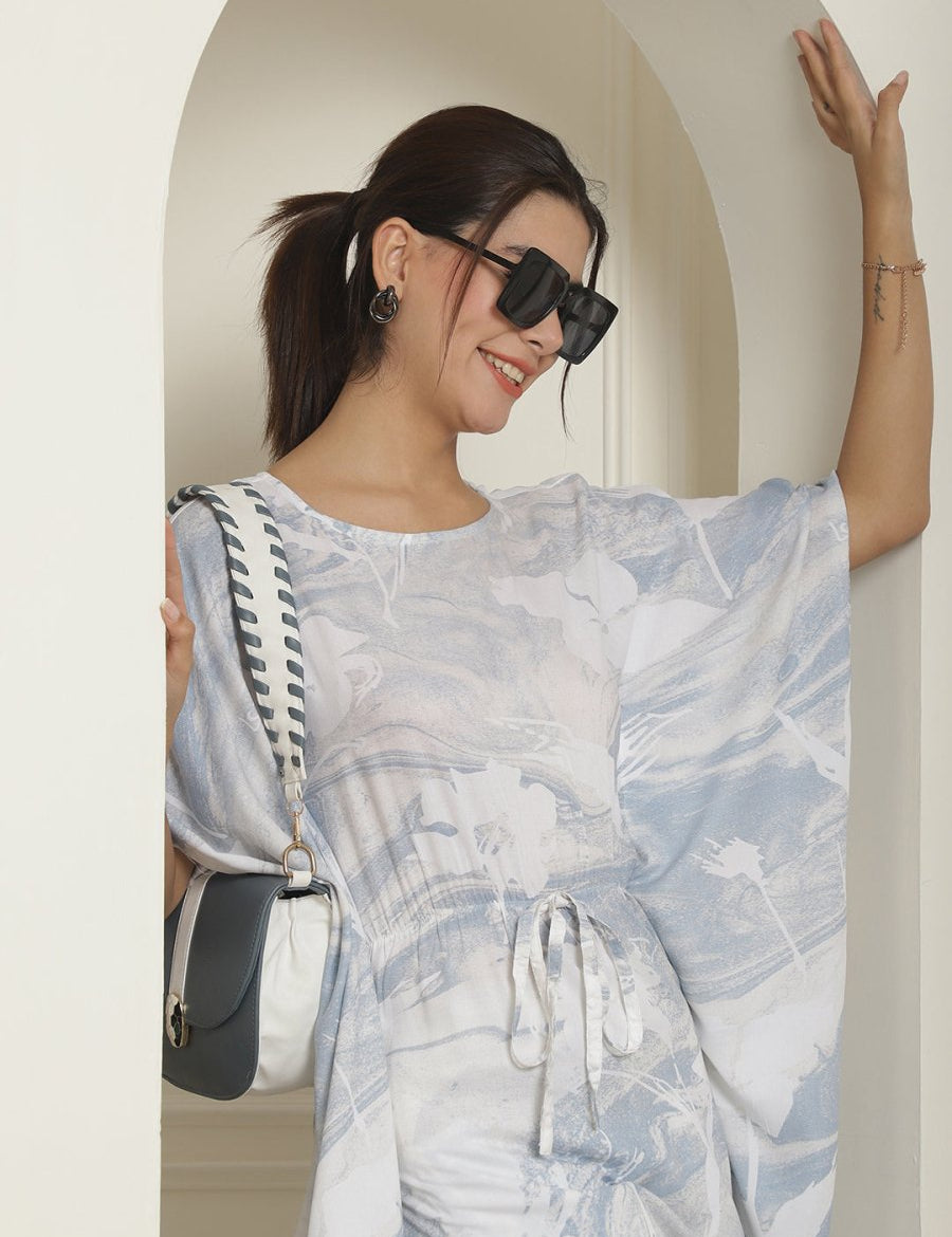 Women Light-Blue Tie Dye Printed Rayon Kaftan Tunic With Trousers - JNCS_3002Light-Blue_XS