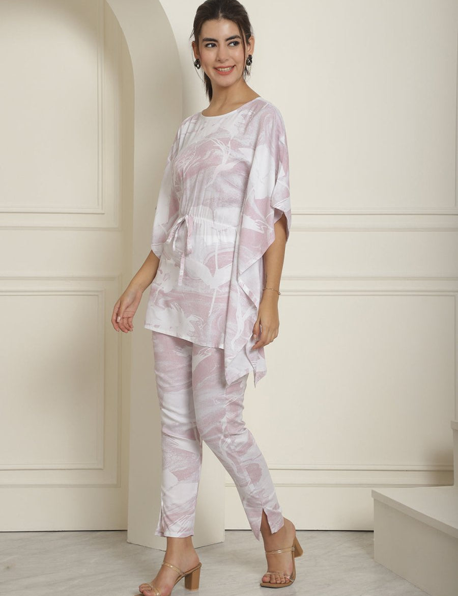 Women Light-Purple Tie Dye Printed Rayon Kaftan Tunic With Trousers - JNCS_3002Light-Purple_XS