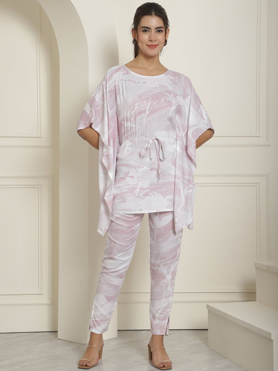 Women Light-Purple Tie Dye Printed Rayon Kaftan Tunic With Trousers - JNCS_3002Light-Purple_XS