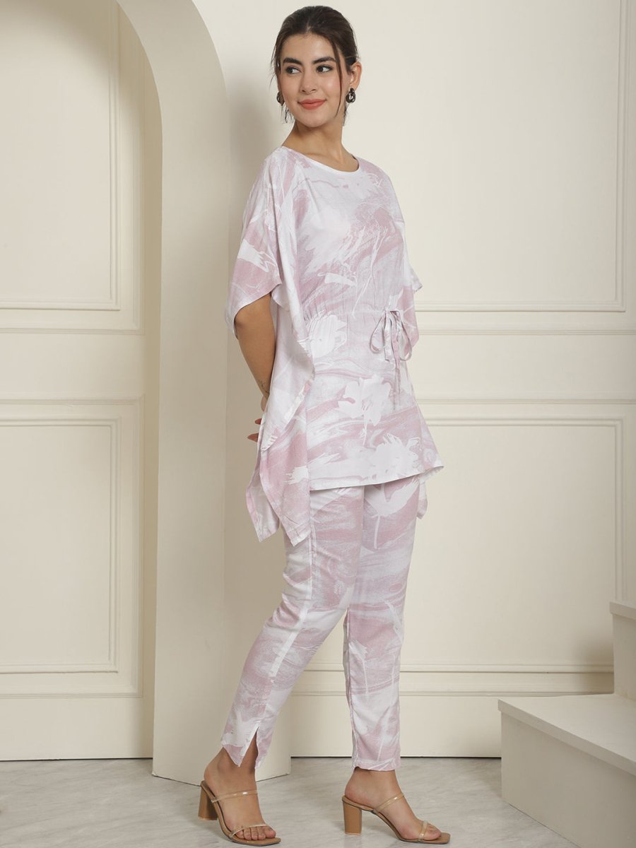 Women Light-Purple Tie Dye Printed Rayon Kaftan Tunic With Trousers - JNCS_3002Light-Purple_XS