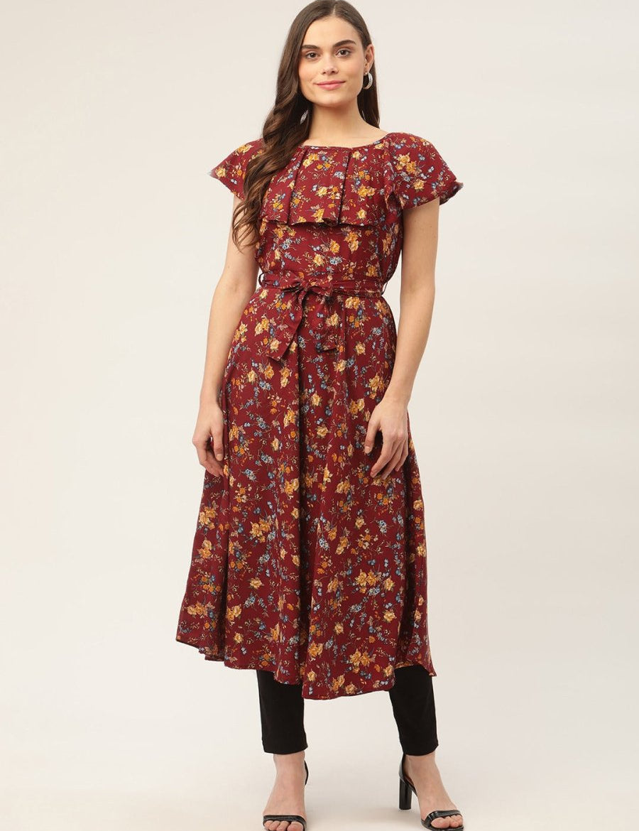 Women Maroon Flared Printed kurta - JOK_1420_Maroon_S