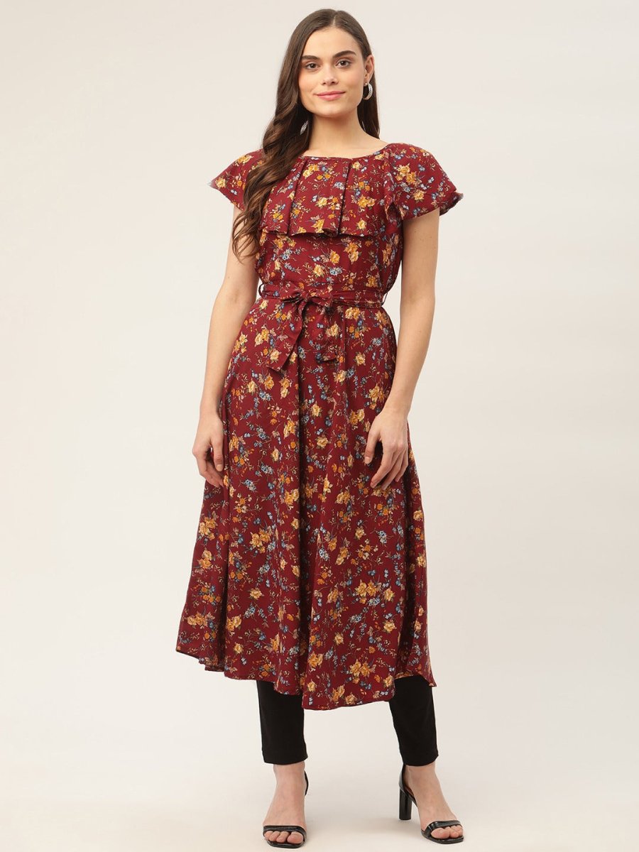 Women Maroon Flared Printed kurta - JOK_1420_Maroon_S
