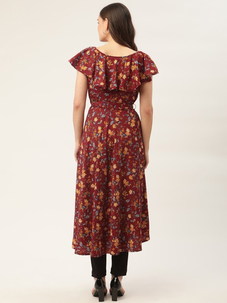Women Maroon Flared Printed kurta - JOK_1420_Maroon_S